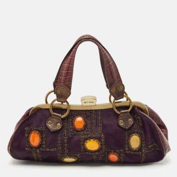 Pre Owned Etro Purple Calfhair and Croc Embossed Leather Embellished Frame Satchel