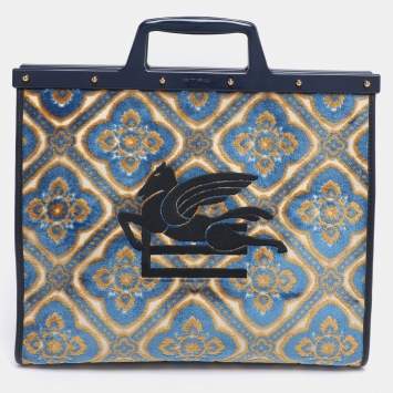 Pre Owned Etro Multicolor Logo Embroidered Velvet and Rubber Trotter Frame Tote