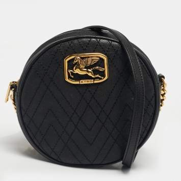 Pre Owned Etro Black Leather Pegaso Round Crossbody Bag