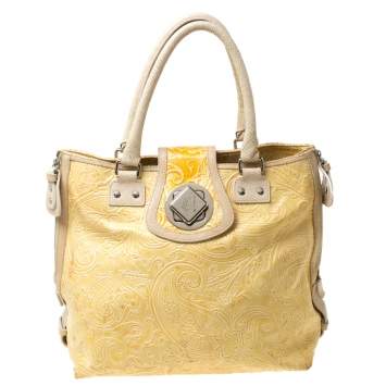 Pre Owned Etro Yellow Paisley Embossed Patent Leather Tote