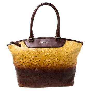 Pre Owned Etro Yellow/Brown Ombre Paisley Embossed Leather Zip Tote
