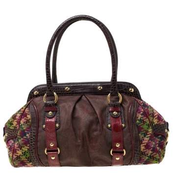 Pre Owned Etro Multicolor Paisley Coated Canvas,Croc Embossed Leather and Fabric Frame Satchel