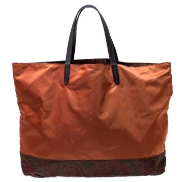 Pre Owned Etro Orange Paisley Nylon Reversible Shopper Tote