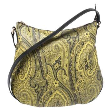 Pre Owned Etro Green/Yellow Paisley Print Coated Canvas and Leather Crossbody Bag