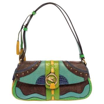 Pre Owned Etro Multicolor Paisley Print Coated Canvas and Exotic Embossed Leather Flap Shoulder Bag