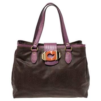 Pre Owned Etro Brown/Purple Paisley Printed Canvas and Lizard Embossed Leather Tote