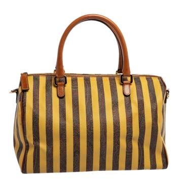 Pre Owned Etro Brown/Yellow Striped Paisley Prited Coated Canvas Bowler Bag