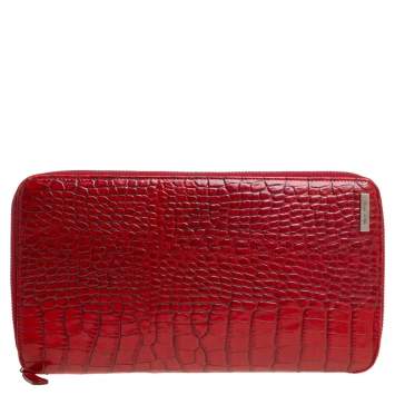 Pre Owned Etro Red Croc Embossed Leather Zip Around Organizer Wallet
