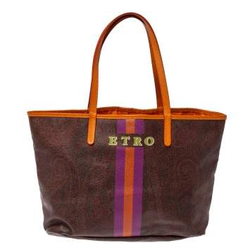 Pre Owned Etro Brown/Orange Paisley Coated Canvas Small Shopper Tote