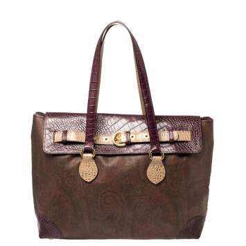 Pre Owned Etro Tricolor Paisley Coated Canvas and Croc Embossed Leather Shoulder Bag