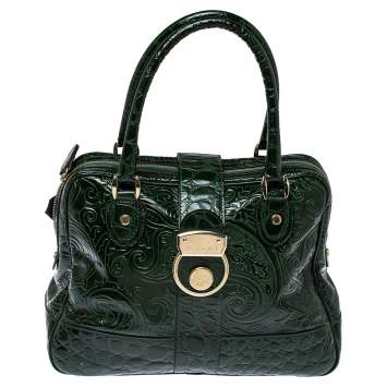 Pre Owned Etro Dark Green Paisley Embossed Leather Pushlock Flap Satchel