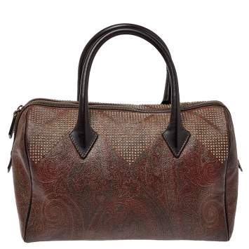 Pre Owned Etro Brown Paisley Printed Coated Canvas Studded Satchel