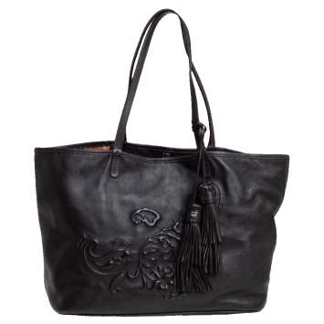 Pre Owned Etro Dark Brown Paisley Embossed Leather Tote