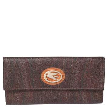 Pre Owned Etro Brown Paisley Coated Canvas Trifold Continental Wallet 