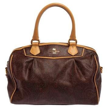 Pre Owned Etro Brown Paisley Printed Coated Canvas Boston Bag