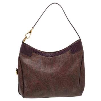 Pre Owned Etro Brown/Purple Paisley Print Coated Canvas And Lizard Embossed Leather Hobo
