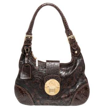 Pre Owned Etro Brown Paisley And Croc Embossed Leather Push Lock Hobo