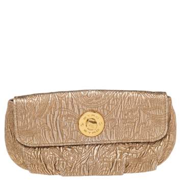 Pre Owned Etro Metallic Gold Paisley Embossed Leather Clutch