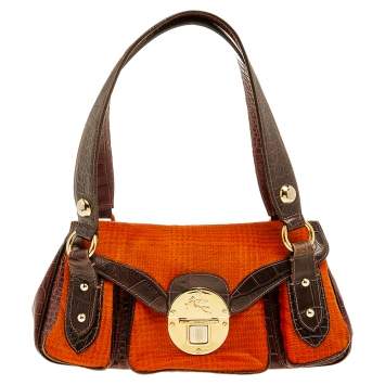 Pre Owned Etro Brown/Orange Croc Embossed Leather And Fur Buckle Flap Shoulder Bag