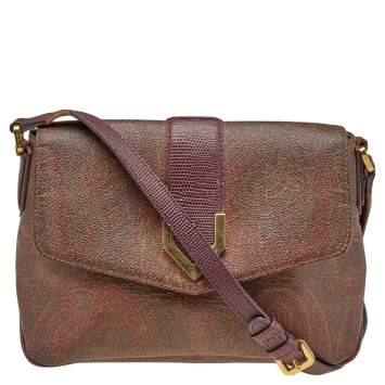 Pre Owned Etro Brown Paisley Print Coated Canvas Flap Shoulder Bag
