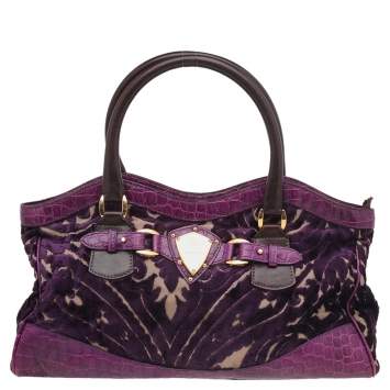 Pre Owned Etro Tri-colored Croc Embossed Leather And Velvet Satchel