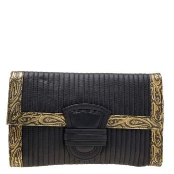 Pre Owned Etro Black/Gold Printed Leather Flap Clutch