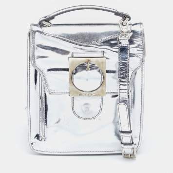 Pre Owned Etro Metallic Silver Leather Flap Crossbody Bag