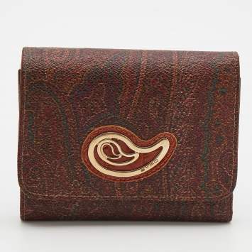Pre Owned Etro Brown Paisley Printed Coated Canvas Compact Wallet