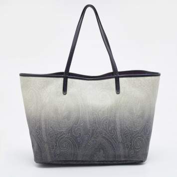 Pre Owned Etro Ombre Black/White Paisley Print Coated Canvas and Leather Shopper Tote 