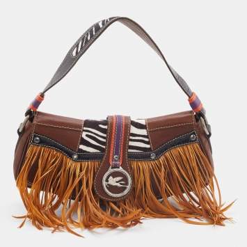 Pre Owned Etro Multicolor Leather and Calfhair Feather Flap Baguette Bag