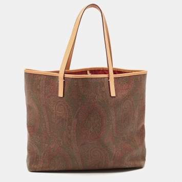 Pre Owned Etro Tan/Brown Paisley Printed Coated Canvas Shopper Tote