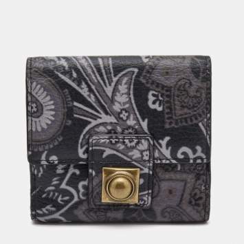 Pre Owned Etro Black/Grey Paisley Print Leather Crown Me Compact Wallet