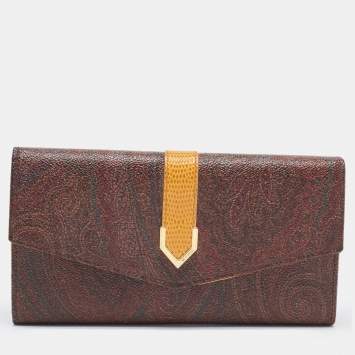Pre Owned Etro Brown/Mustard Paisley Print Coated Canvas and Leather Flap Continental Wallet