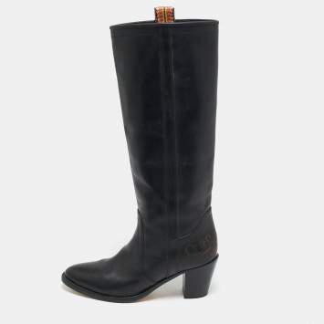 Pre Owned Etro Black Leather Western Carving Cowboy Knee Length Boots Size 40