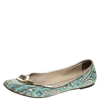Pre Owned Etro Green Paisley Printed Coated Canvas Embellished Ballet Flats Size 40
