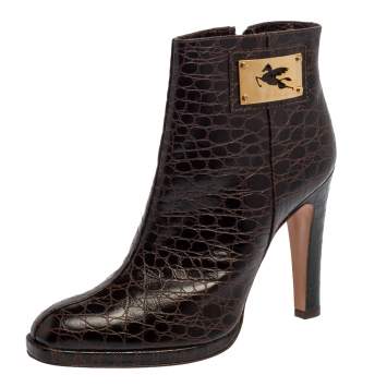 Pre Owned Etro Brown Croc Embossed Leather Ankle Platform Boots Size 40