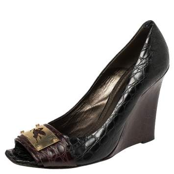 Pre Owned Etro Black/Burgundy Croc Embossed Leather Embellished Open Toe Wedge Pumps Size 40.5