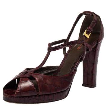 Etro Brown Croc Embossed Leather Peep Toe T Strap Sandals Size 37.5