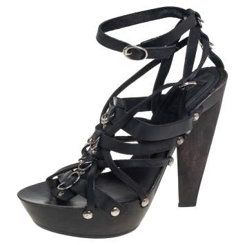 Pre Owned Etro Black Leather Strappy Platform Ankle Strap Sandals Size 39
