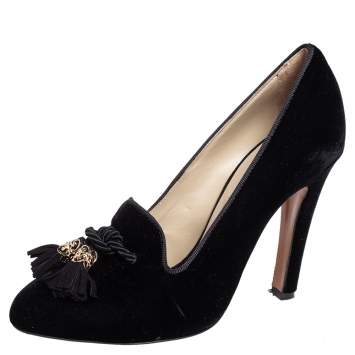 Pre Owned Etro Black Velvet Tassel Embellished Loafer Pumps Size 38.5