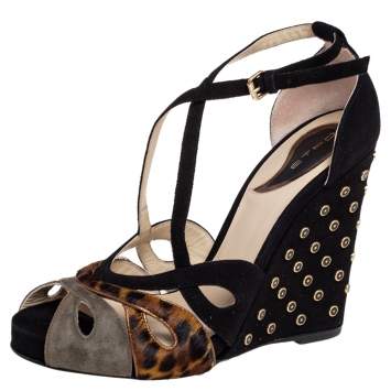 Pre Owned Etro Multicolor Suede And Pony hair Wedge Sandals Size 38