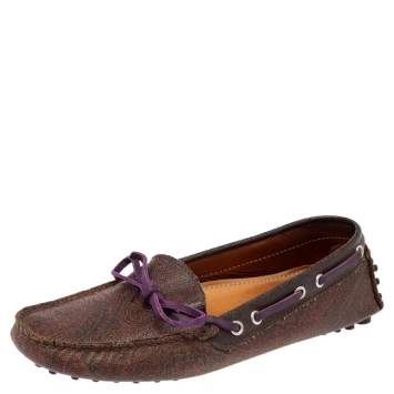 Pre Owned Etro Brown Paisley Print Coated Canvas Bow Slip On Loafers Size 38