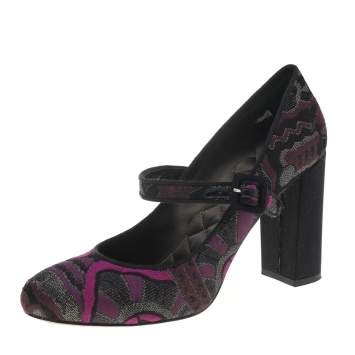 Pre Owned Etro Purple/Black Brocade Fabric Mary Jane Block Heel Pumps Size 38