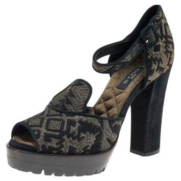 Pre Owned Etro Black Printed Brocade Fabric Ankle Strap Sandals Size 38