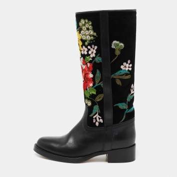 Pre Owned Etro Black Leather And Suede Embroidered Knee Length Boots Size 37 