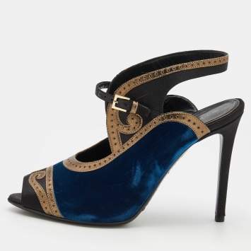 Pre Owned Etro Tri-Color Satin, Leather And Velvet Peep Toe Sandals Size 39