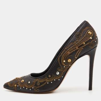 Pre Owned Etro Black Embroidered Leather Embellished Pointed Toe Pumps Size 39