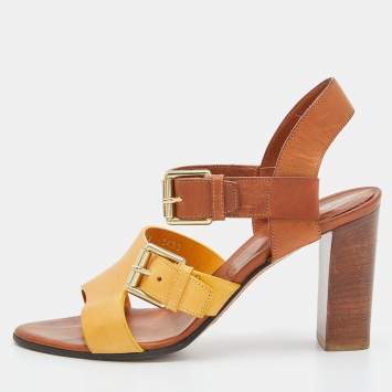 Pre Owned Etro Brown/Yellow Leather Ankle Strap Sandals Size 38