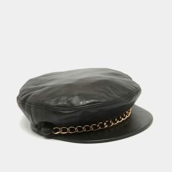 Pre Owned Eugenia Kim Black Leather Chain Embellished Cap S