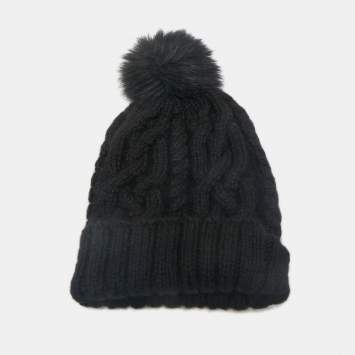 Pre Owned Eugenia Kim Black Baby Alpaca Cable Knit Pom Pom Beanie One Size 